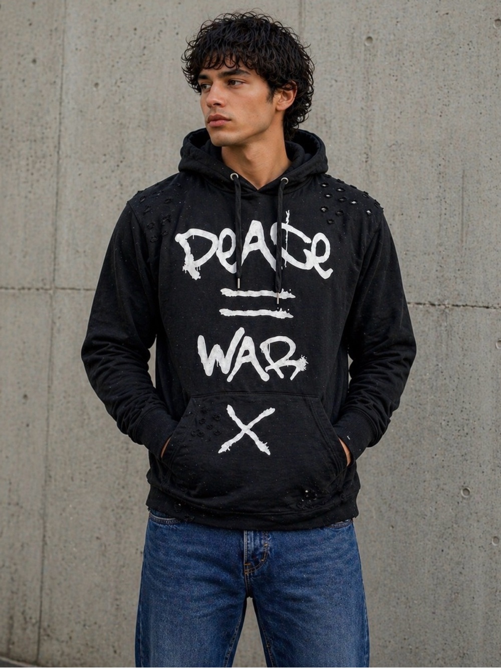 Defend Paris Peace War Hoodie Distressed Black Streetwear Grunge Medium NWT
